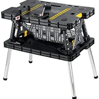 Keter Folding Table Work Bench for Miter Saw Stand, Woodworking Tools and Accessories with Included 12 Inch Wood Clamps – Easy Garage Storage