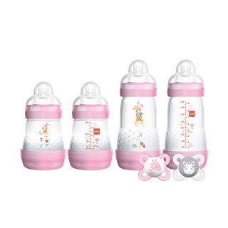 MAM Newborn Essentials "Feed & Soothe" Set (6-Piece), Easy Start Anti-Colic Baby Bottles, 0-2 Month Pacifier, Baby Shower Gifts for Baby Girl, Purple